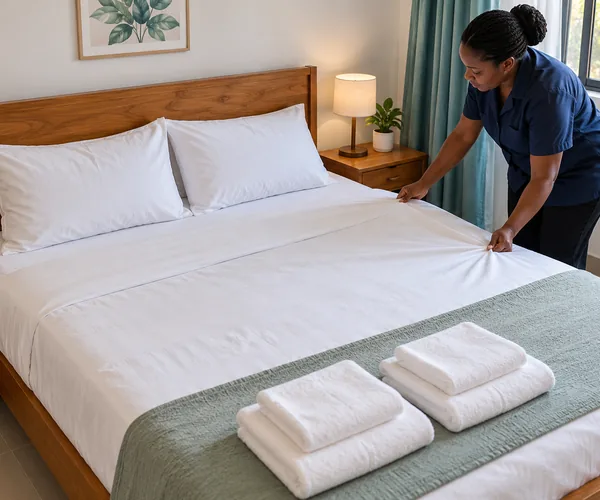 Illustrative photo: a housekeeper straightening fresh white linen on a guest bed, with folded towels ready for the next stay