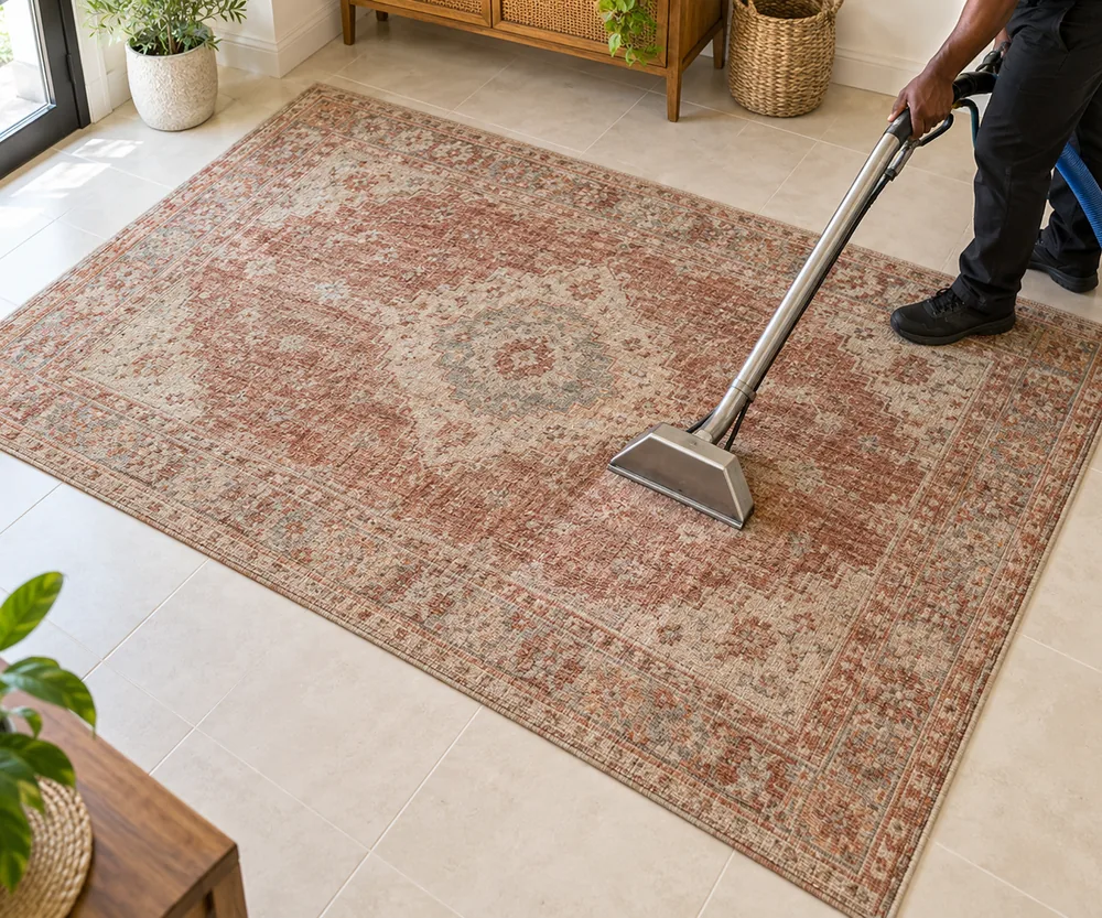 Illustrative photo: a floor-cleaning wand on a rust-coloured patterned rug