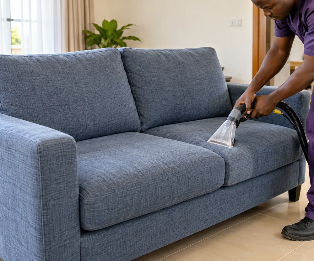 Illustrative photo: a handheld upholstery extractor cleaning a blue-grey sofa